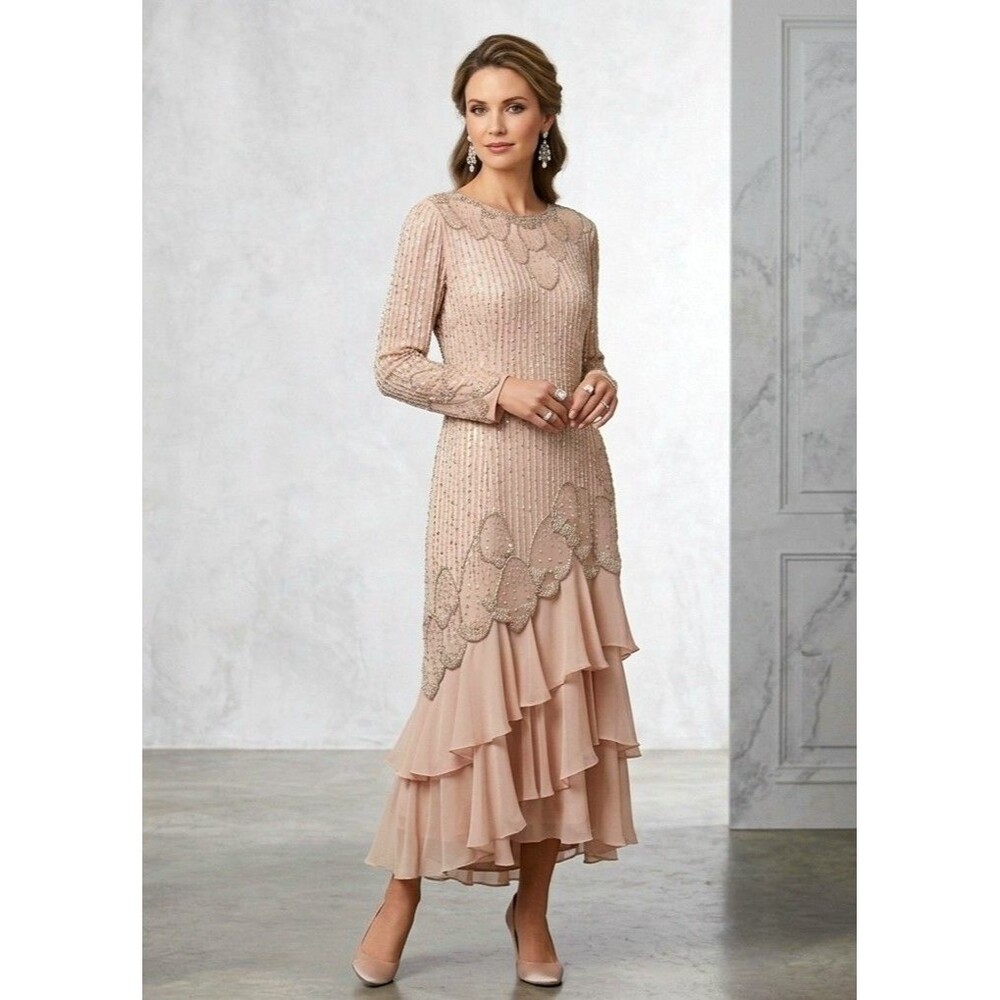 NWT Jack Bryan Beaded Chiffon Dress Size 14 Blush Pink Formal Evening Gown - Picture 2 of 16